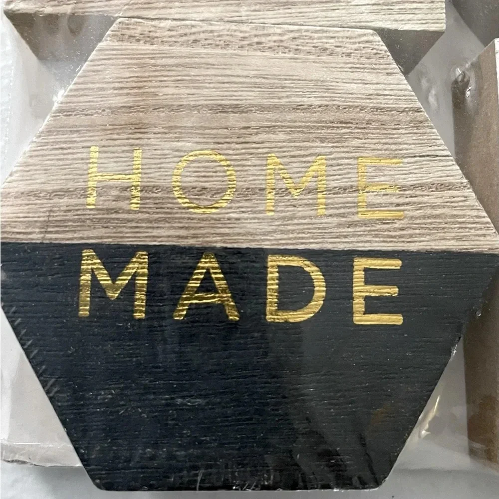 NWT 4pc wood decor prop pack with various sayings & shapes. Black, white & gold.